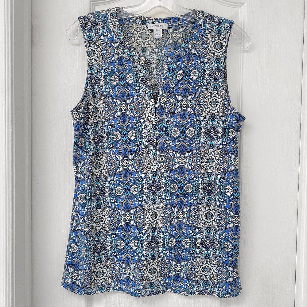 Carolina Belle Blue White Paisley Sleeveless V-Neck Top Medium